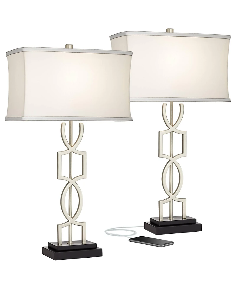 360 Lighting Evan Modern Table Lamps 28 1/2" Tall Set of 2 Brushed Nickel with Usb Charging Port Table Top Dimmers Rectangular Shade for Bedroom