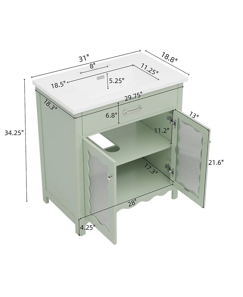 Busdays 30" Bathroom Vanity with Tempered Glass, Modern Cabinet with Rubber Wood Legs and Soft-Close Doors