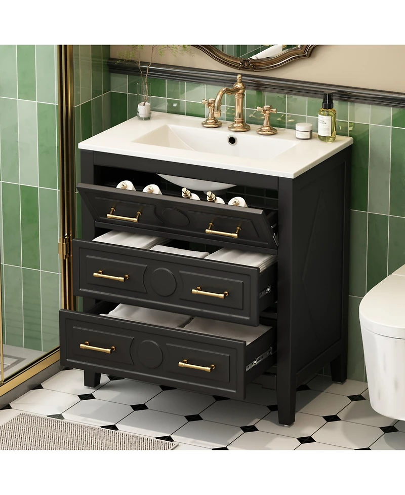 Busdays 30" Bathroom Vanity with Ceramic Sink, Free Standing Single Vanity Set with 3 Drawers, Solid Wood Frame
