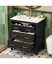 Busdays 30" Bathroom Vanity with Ceramic Sink, Free Standing Single Vanity Set with 3 Drawers, Solid Wood Frame