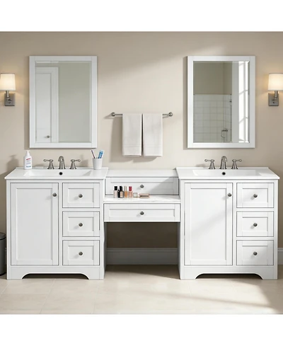 Busdays Double-Sink Bathroom Vanity, 2 Ceramic Sinks with Engineered Stone Countertop, Silver Knobs, 6 Soft-Close Drawers