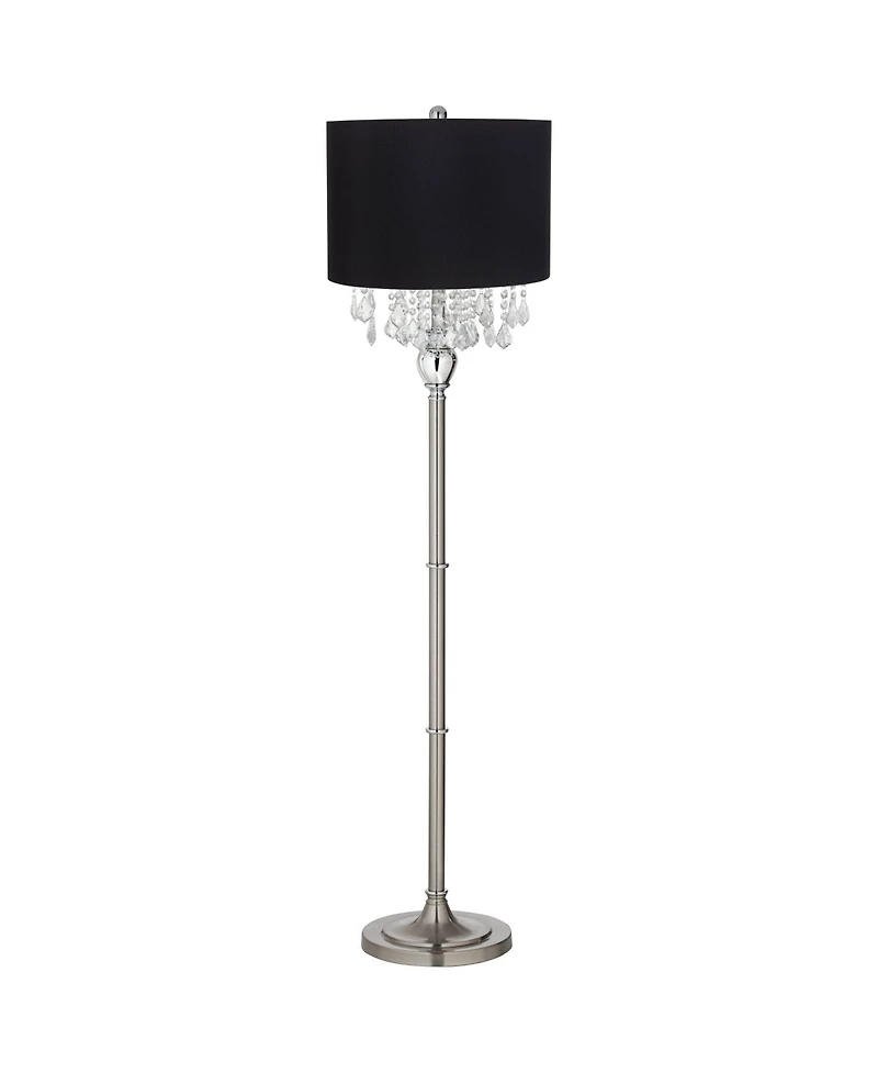 360 Lighting Modern Floor Lamp 62.5" Tall Satin Steel Chrome Crystal Chandelier Fabric Drum Shade for Living Room Reading Bedroom