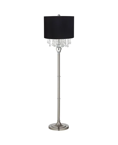 360 Lighting Modern Floor Lamp 62.5" Tall Satin Steel Chrome Crystal Chandelier Fabric Drum Shade for Living Room Reading Bedroom