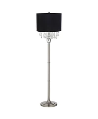 360 Lighting Modern Floor Lamp 62.5" Tall Satin Steel Chrome Crystal Chandelier Fabric Drum Shade for Living Room Reading Bedroom