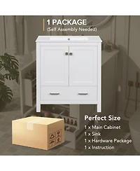 Busdays 30" White Bathroom Vanity with Single Sink, Soft-Close Undermount Sink, 2-Door Cabinet with Drawer, Solid Wood Frame