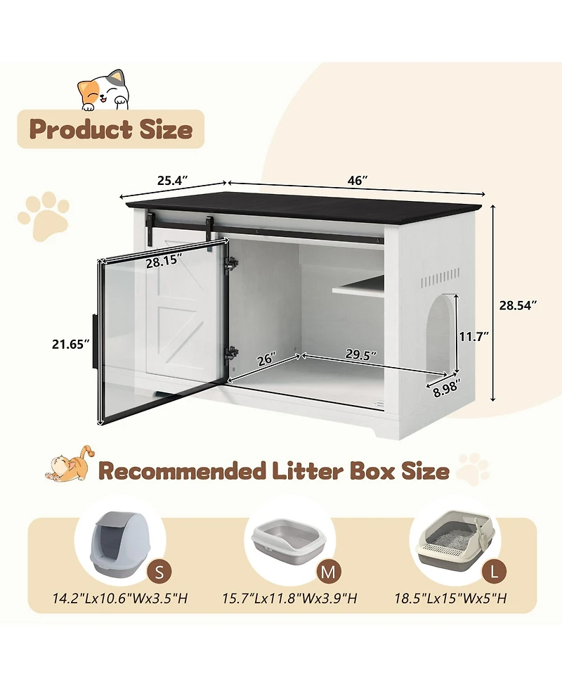 Zeus & Ruta 46 in. Farmhouse Cat Litter Box Enclosure with Sliding Barn Door Hidden Cat Cabinet with Led Light Storage
