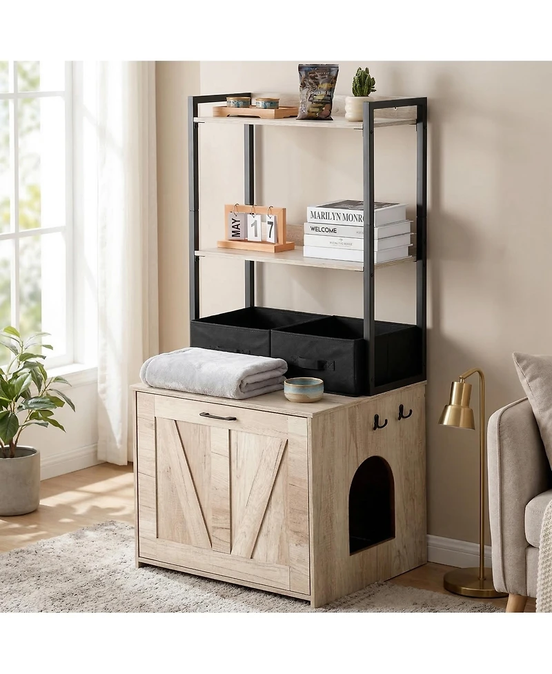 Zeus & Ruta Hidden Cat Litter Box Enclosure Furniture with 2 Shelves and 2 Baskets Modern Pet Cabinet