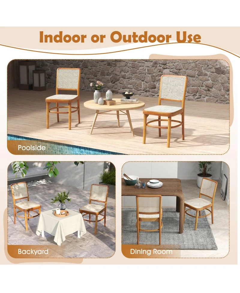 Gouun Set of 2 Boho Rattan Dining Chairs with Teak Wood Frame and Footrests