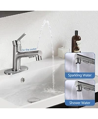 Busdays Brushed Nickel Pull Out Bathroom Sink Faucet with Pop-up Drain and Deck Plate