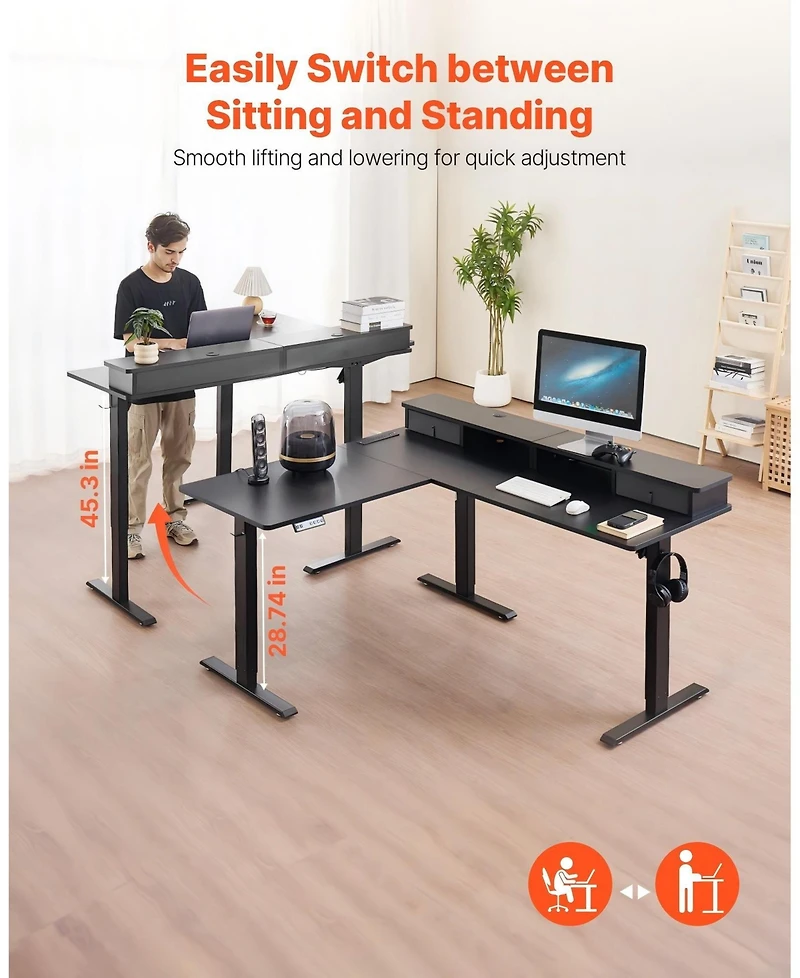 Gouun L Shaped Electric Standing Desk 63 x 55 in, Adjustable Height Corner Desk with Led Light Strip and Power Strip