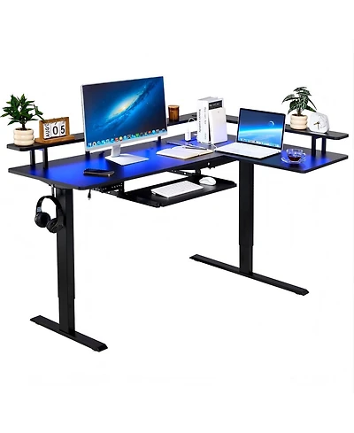 Gouun L Shaped Electric Standing Desk 63 x 43 in, Adjustable Height Corner Desk with Keyboard Tray and Power Strip