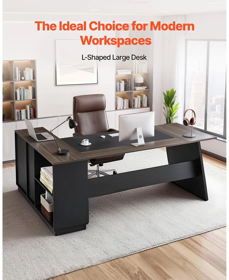 Gouun L-Shaped Executive Desk with File Drawer and Storage Cabinet, Large Modern Office Table, 350 lbs Capacity
