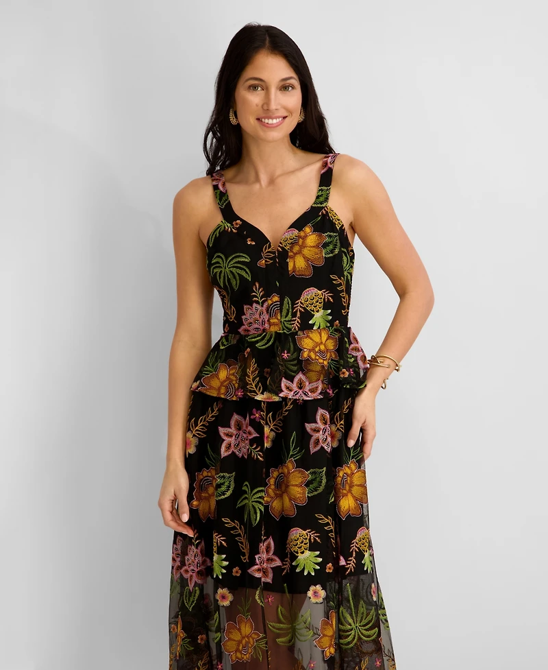 Kensie Women's Embroidered Mesh V-Neck Midi Dress