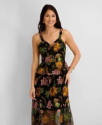 Kensie Women's Embroidered Mesh V-Neck Midi Dress
