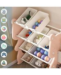 Rainsken Kids Bookshelf, Toy Storage Organizer with 12 Toy Bins and 2 Tier Display Rack for Playroom, Bedroom, Kids Room and Classroom