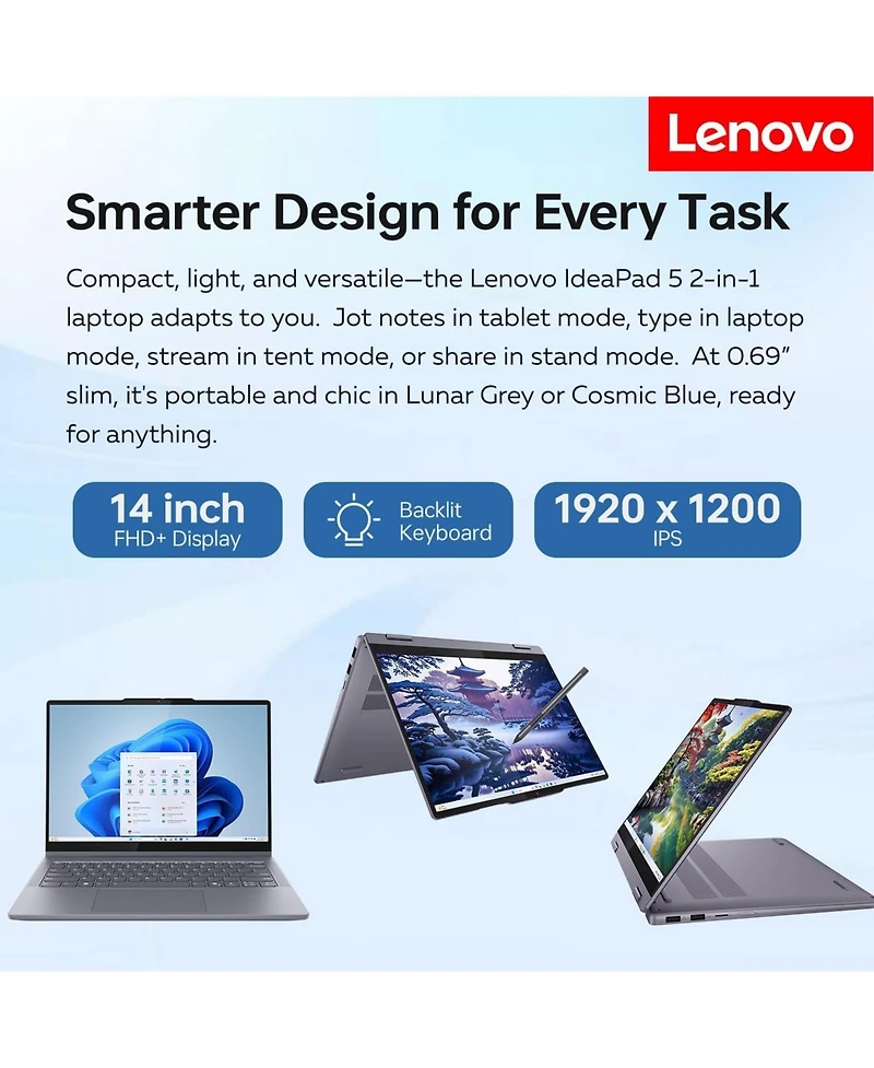 Lenovo IdeaPad 5 14" 2-in-1 Laptop Intel Core Ultra 7 16GB Ram Intel Graphics 512GB Ssd Storage Windows 11 Pro 60Hz