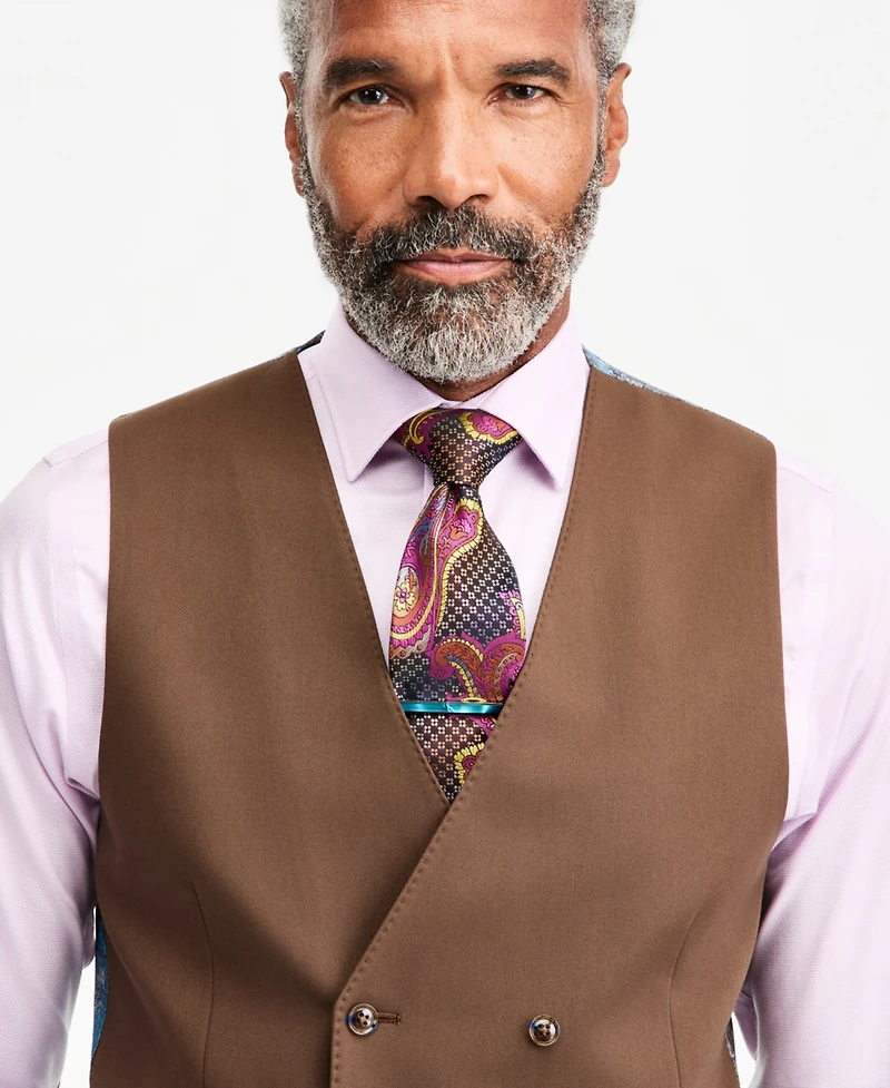 Tayion Collection Men's Classic-Fit Medium Brown Suit Separate Double-Breasted Vest