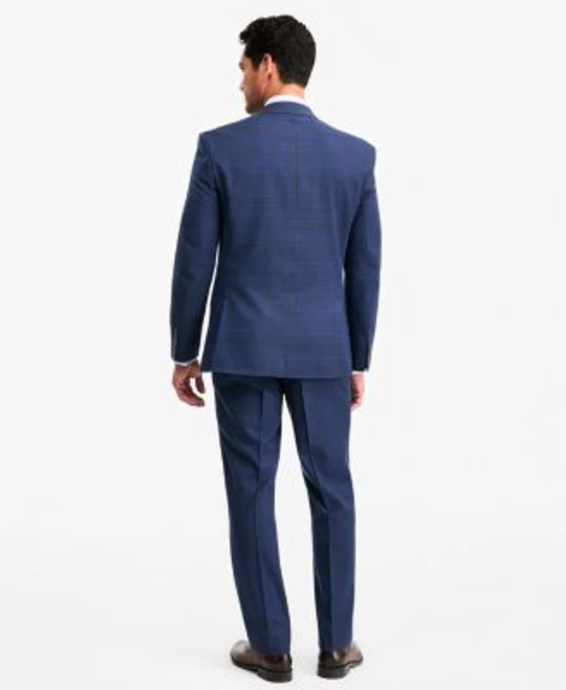 Tayion Collection Mens Classic Fit Blue Red Plaid Suit Separates