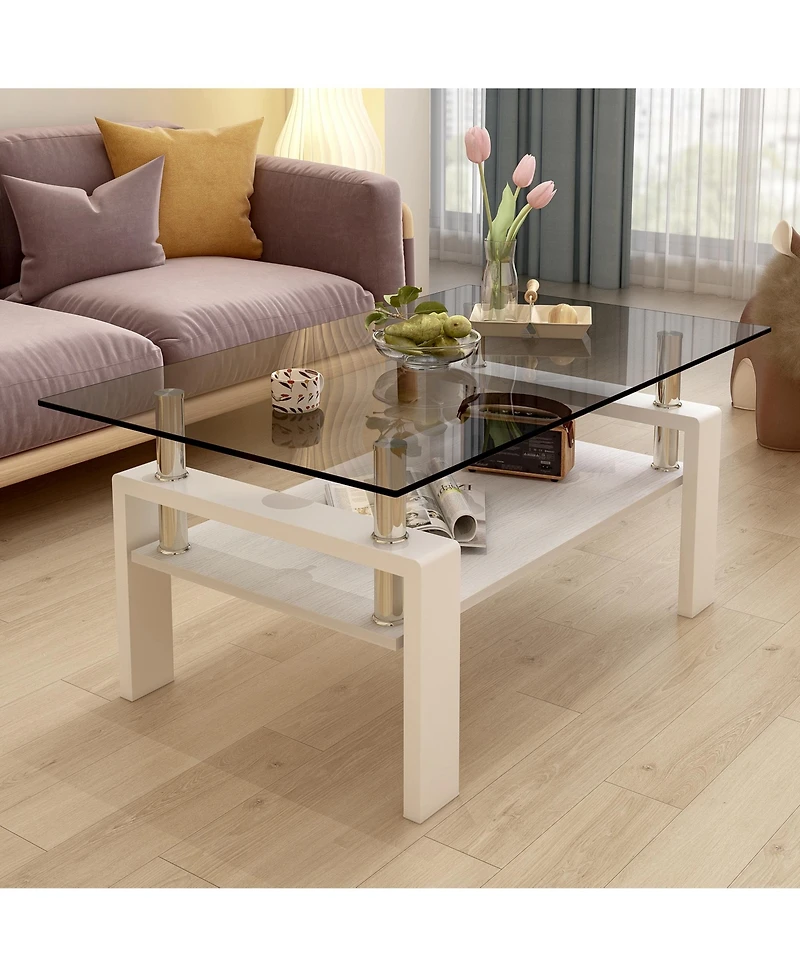 Rainsken Modern 2-Tier Coffee Table, Rectangle Center Table with Tempered Glass Top, Mdf Shelf and Metal Legs for Living Room and Home Office