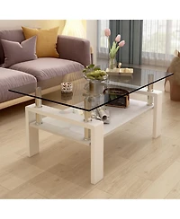 Rainsken Modern 2-Tier Coffee Table, Rectangle Center Table with Tempered Glass Top, Mdf Shelf and Metal Legs for Living Room and Home Office