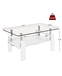 Rainsken Modern 2-Tier Coffee Table, Rectangle Center Table with Tempered Glass Top, Mdf Shelf and Metal Legs for Living Room, Home Office