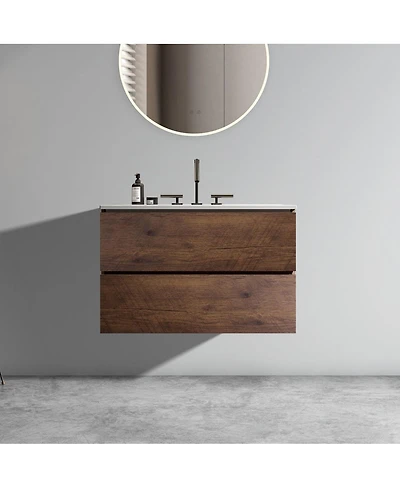 Thirtypeachy 30" Modern Walnut Wall Mount Vanity With Ceramic Sink, 3-Hole Top Handle-Free Soft-Close Drawers, Pre-Assembled