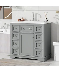 Sillysis 36" Bathroom Vanity with Ceramic Sink, Solid Wood Mdf Cabinet 6 Drawers, Adjustable Shelf for Storage