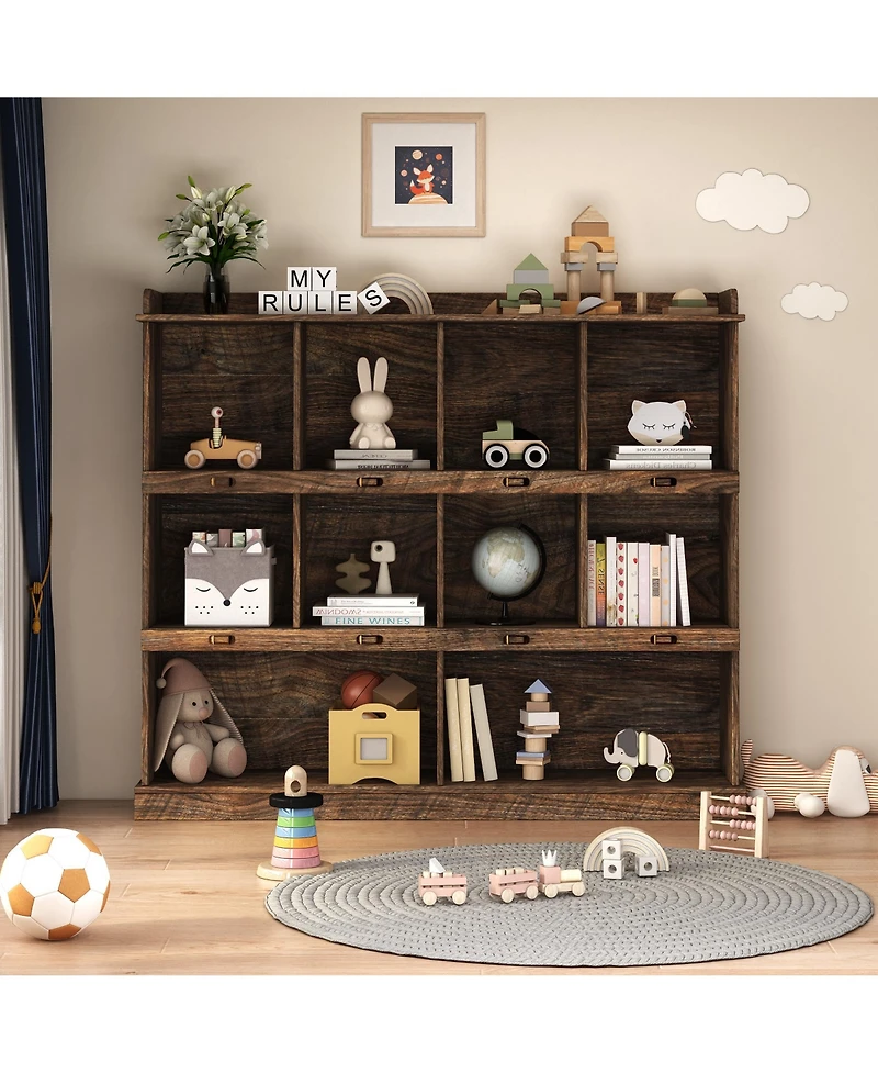 Rainsken 3-Tier Open Wood Bookshelf, 10 Cube Storage Organizer Display Cabinet, Freestanding Bookcase for Living Room, Home Office