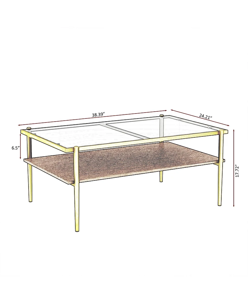 Rainsken Rectangle 2 Tier Coffee Table, Center Table with Tempered Glass Top and Wood Storage Shelf for Living Room and Small Space
