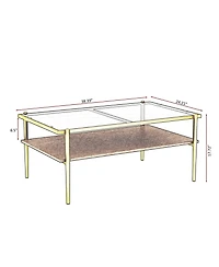 Rainsken Rectangle 2 Tier Coffee Table, Center Table with Tempered Glass Top and Wood Storage Shelf for Living Room and Small Space