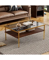 Rainsken Rectangle 2 Tier Coffee Table, Center Table with Tempered Glass Top and Wood Storage Shelf for Living Room and Small Space