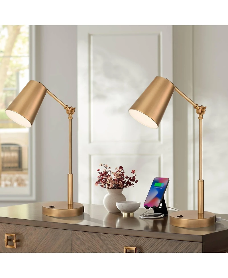 360 Lighting Sully 23 1/2 High Small Industrial Desk Lamps Set of 2 Double Usb Ports Adjustable Gold Brass Finish Metal Charging