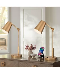360 Lighting Sully 23 1/2 High Small Industrial Desk Lamps Set of 2 Double Usb Ports Adjustable Gold Brass Finish Metal Charging