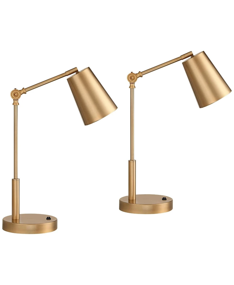 360 Lighting Sully 23 1/2 High Small Industrial Desk Lamps Set of 2 Double Usb Ports Adjustable Gold Brass Finish Metal Charging