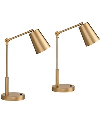 360 Lighting Sully 23 1/2 High Small Industrial Desk Lamps Set of 2 Double Usb Ports Adjustable Gold Brass Finish Metal Charging