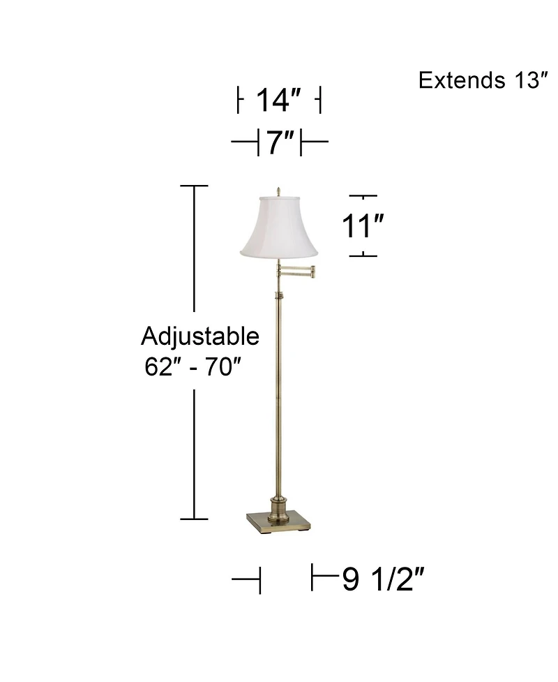 360 Lighting Traditional Swing Arm Floor Lamp 70" Tall Antique Brass Imperial Fabric Bell Shade for Living Room Reading Bedroom