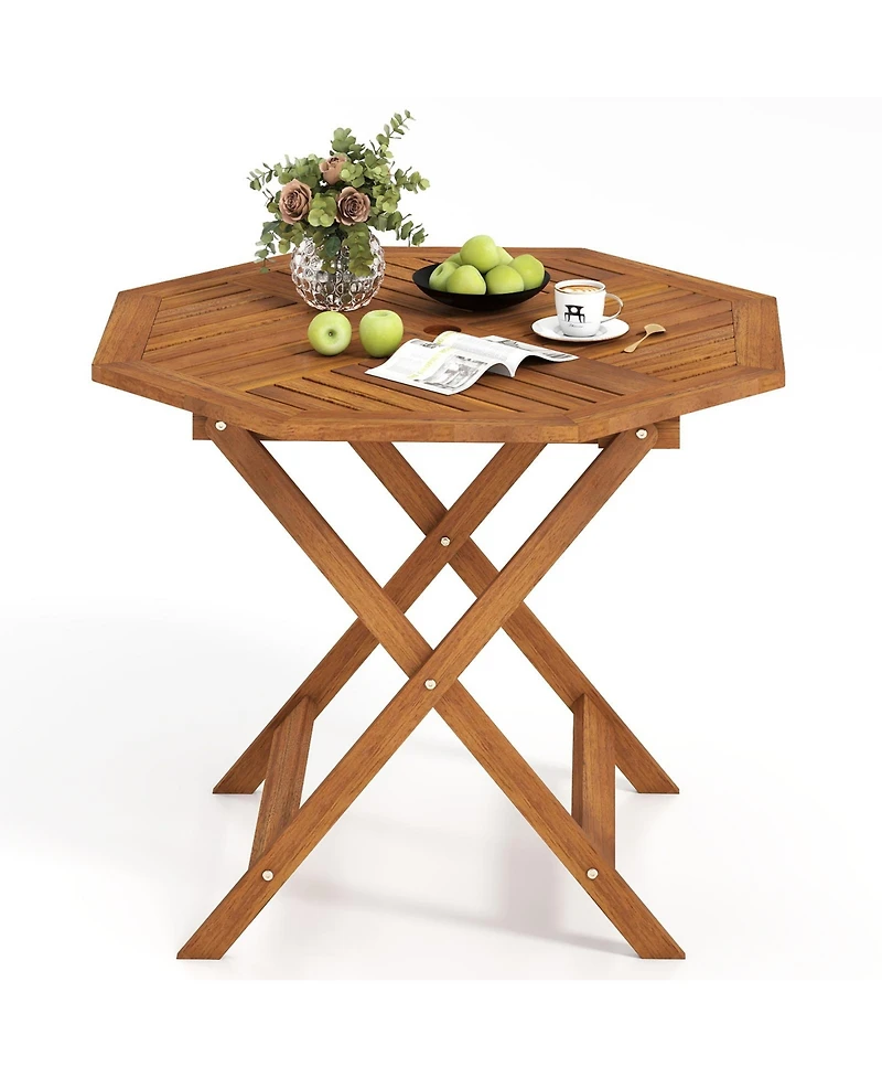 Gymax 35.5'' Solid Wood Patio Dining Table w/1.97'' Umbrella Hole Slatted Tabletop