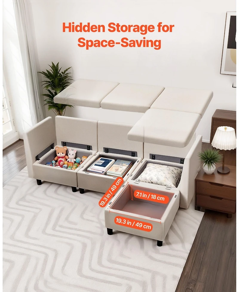 Gouun 3-Seater Modular Sectional Sofa with Ottoman, Hidden Storage, and Cotton-Linen Upholstery