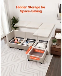 Gouun 3-Seater Modular Sectional Sofa with Ottoman, Hidden Storage, and Cotton-Linen Upholstery