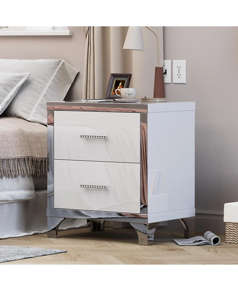 Flynama Durable Premium High Gloss Mirrored Nightstand with 2 Drawers Modern Bedroom End Table