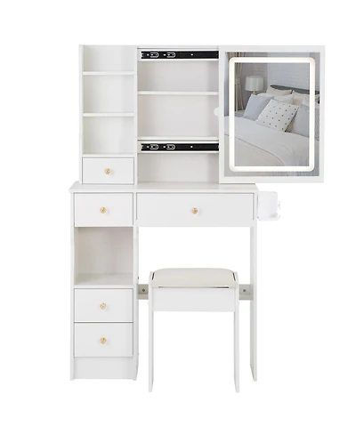 Flynama Contemporary Small Tri Color Vanity Table with Left Drawer Mirror and Cushioned Stool