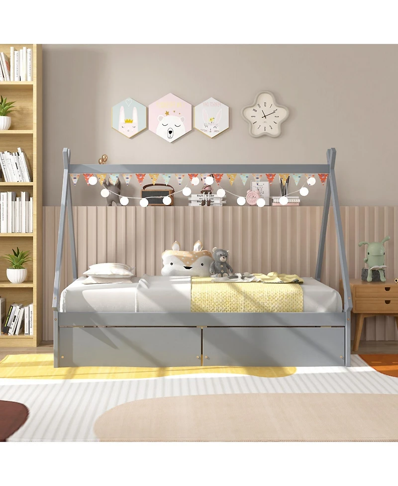 Gouun Twin Size Wooden Tent Platform House Bed with 2 Drawers