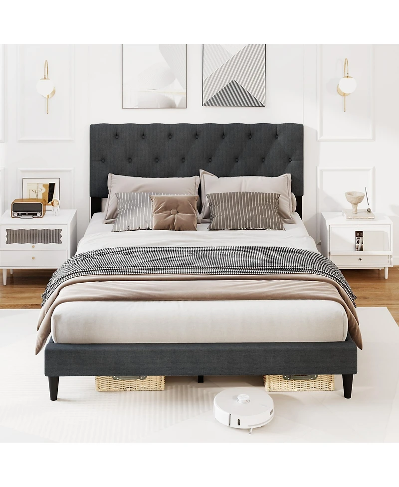 Gouun Queen Size Upholstered Platform Bed with Tufted Headboard and Wooden Slats
