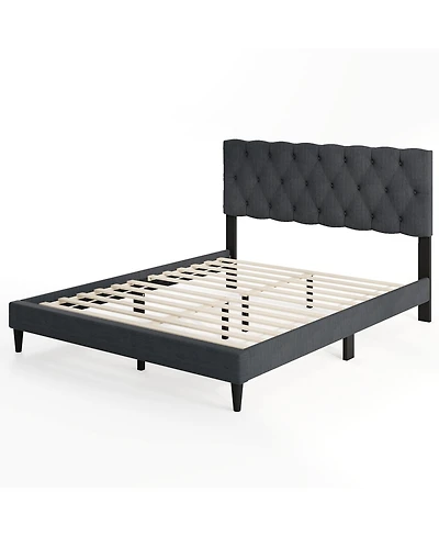 Gouun Queen Size Upholstered Platform Bed with Tufted Headboard and Wooden Slats