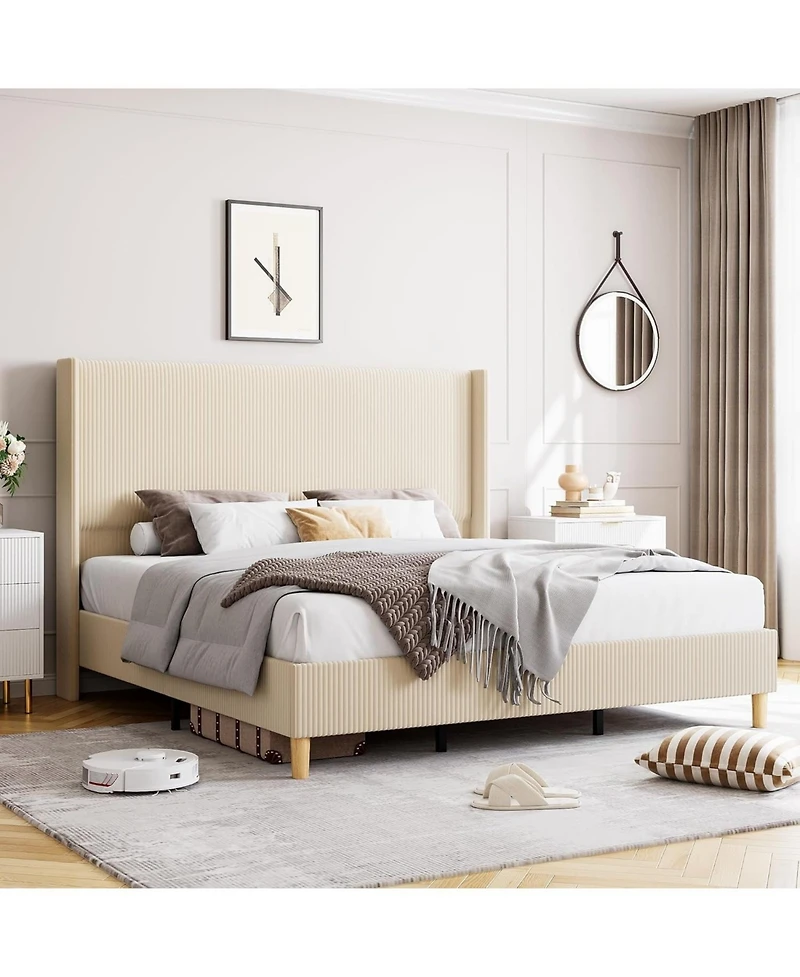 gaomon Corduroy Upholstered Bed Frame Vertical Stripe Wingback Headboard No Box Spring Wooden Slats Noise-Free Design