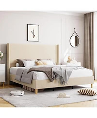gaomon Corduroy Upholstered Bed Frame Vertical Stripe Wingback Headboard No Box Spring Wooden Slats Noise-Free Design