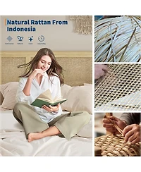 gaomon Bed Frame Natural Rattan Headboard Metal Base Wooden Slats No Box Spring Boho-Style Cane Support