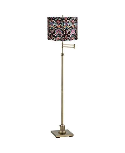 360 Lighting Chic Style Swing Arm Adjustable Floor Lamp 70" Tall Antique Brass Embroidered Drum Shade for Living Room Reading House