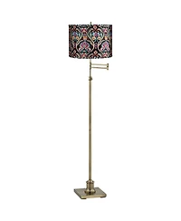360 Lighting Chic Style Swing Arm Adjustable Floor Lamp 70" Tall Antique Brass Embroidered Drum Shade for Living Room Reading House