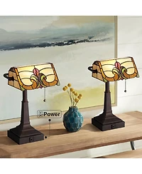 Robert Louis Tiffany Fleura 17" High Small Rustic Banker Desk Lamps Set of 2 Brown Bronze Finish Metal Home Office Living Room
